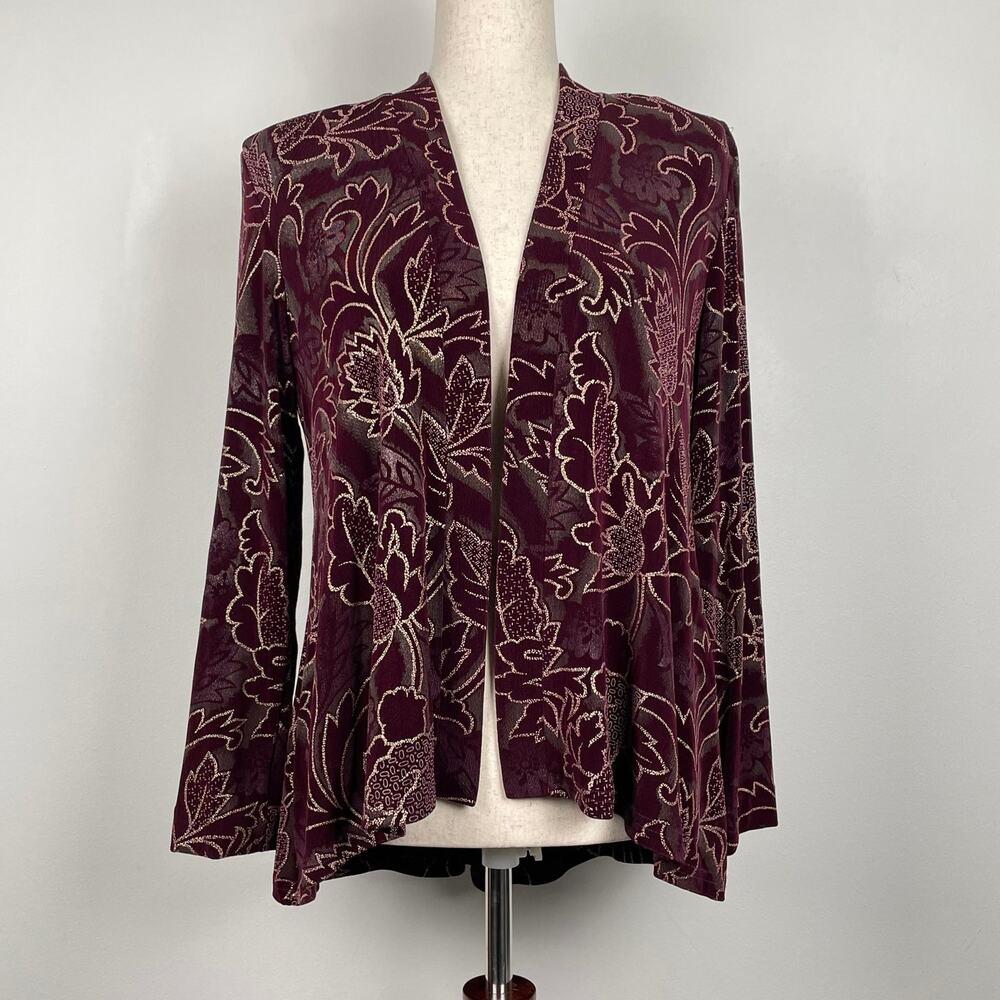 R&M Richards Jacket 6P Purple Metallic Floral Slinky Stretch Dressy Travel Knit
